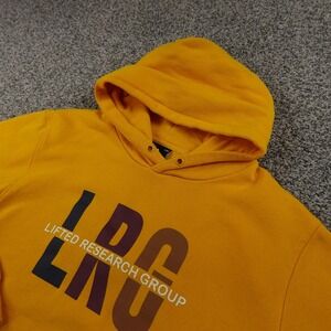 LRG Hoodie Mens L Yellow Lifted Research Group Graphic Pullover Sweatshirt Logo